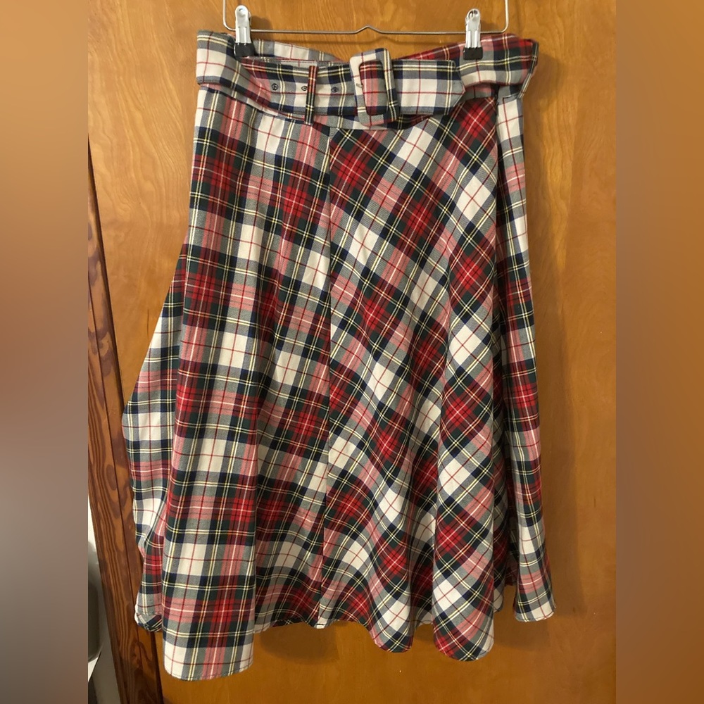 Red plaid belted circle skirt